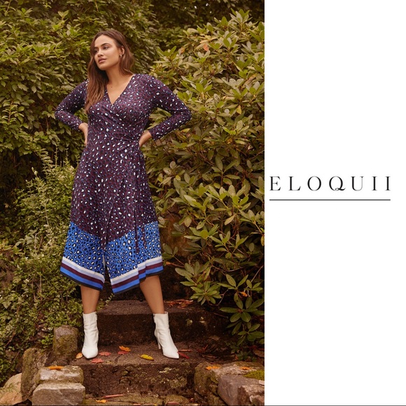NEW Eloquii Printed Colorblock Wrap Dress - Picture 1 of 11